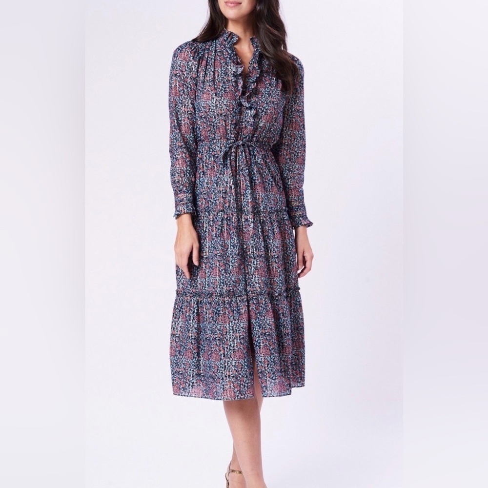 La Vie Rebecca Taylor Lilou Long Sleeve Ruffle Dress In Midnight Navy